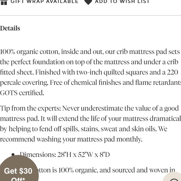 Coyuchi organic white quilted crib mattress pad organic cotton GOTS certified - Picture 3 of 12